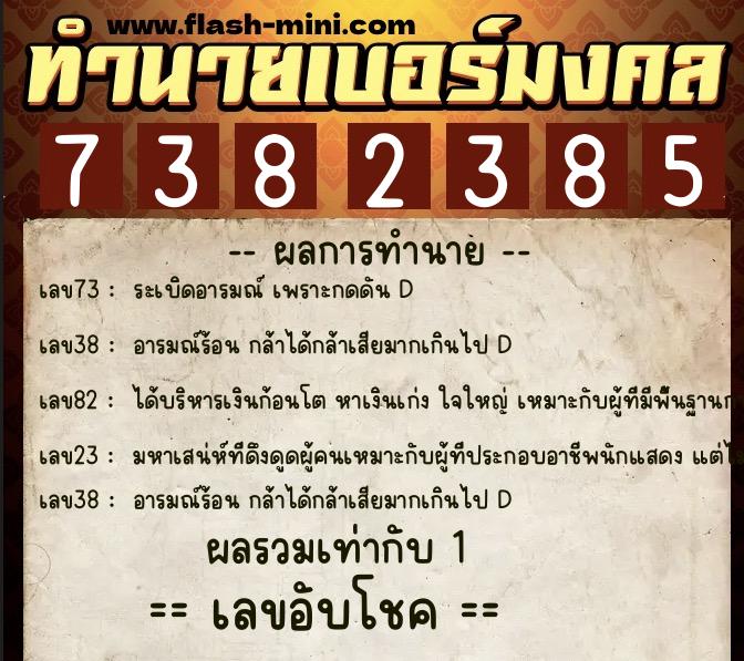 ทำนายเบอร์มงคล 0XX-7382385  ทำนายเบอร์มงคล หมายเลข 061-738238 