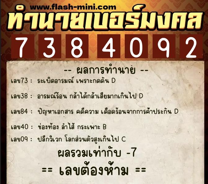 ทำนายเบอร์มงคล 0XX-7384092  ทำนายเบอร์มงคล หมายเลข 065-738409 