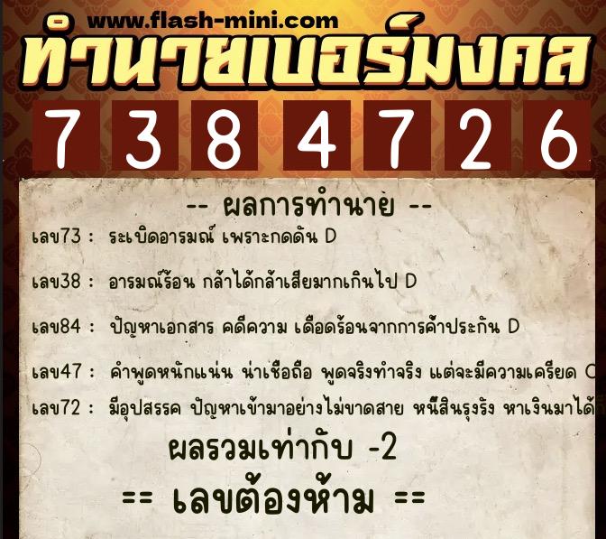 ทำนายเบอร์มงคล 0XX-7384726  ทำนายเบอร์มงคล หมายเลข 080-738472 