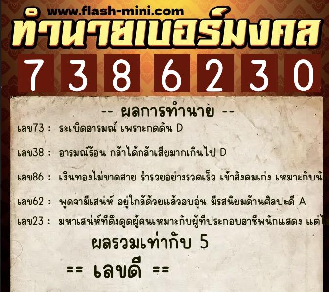 ทำนายเบอร์มงคล 0XX-7386230 ทำนายเบอร์มงคล หมายเลข 097-738623 ทำนายเบอร์มงคล 0XX-7386230 ทำนายเบอร์มงคล หมายเลข 097-738623