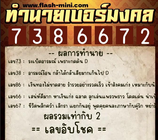 ทำนายเบอร์มงคล 0XX-7386672  ทำนายเบอร์มงคล หมายเลข 085-738667 