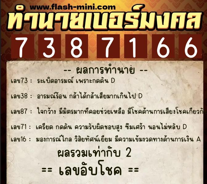 ทำนายเบอร์มงคล 0XX-7387166  ทำนายเบอร์มงคล หมายเลข 060-738716 