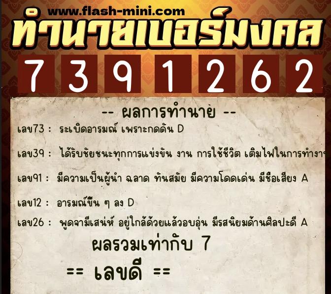 ทำนายเบอร์มงคล 0XX-7391262  ทำนายเบอร์มงคล หมายเลข 084-739126 
