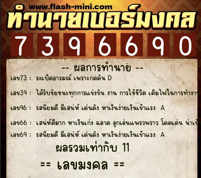 ทำนายเบอร์มงคล 0XX-7396690  ทำนายเบอร์มงคล หมายเลข 088-739669 