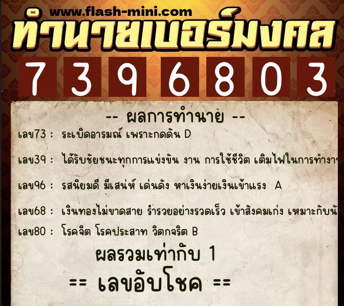 ทำนายเบอร์มงคล 0XX-7396803  ทำนายเบอร์มงคล หมายเลข 068-739680 