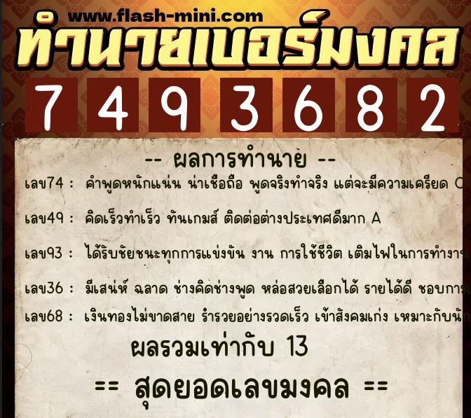 ทำนายเบอร์มงคล 0XX-7493682  ทำนายเบอร์มงคล หมายเลข 066-749368 