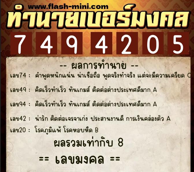 ทำนายเบอร์มงคล 0XX-7494205  ทำนายเบอร์มงคล หมายเลข 091-749420 