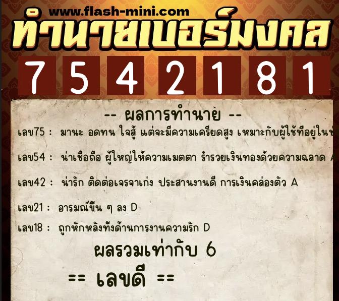 ทำนายเบอร์มงคล 0XX-7542181  ทำนายเบอร์มงคล หมายเลข 089-754218 