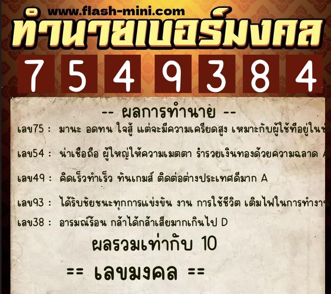ทำนายเบอร์มงคล 0XX-7549384  ทำนายเบอร์มงคล หมายเลข 080-754938 