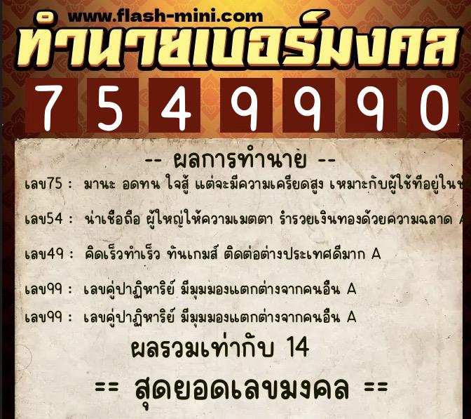 ทำนายเบอร์มงคล 0XX-7549990  ทำนายเบอร์มงคล หมายเลข 066-754999 