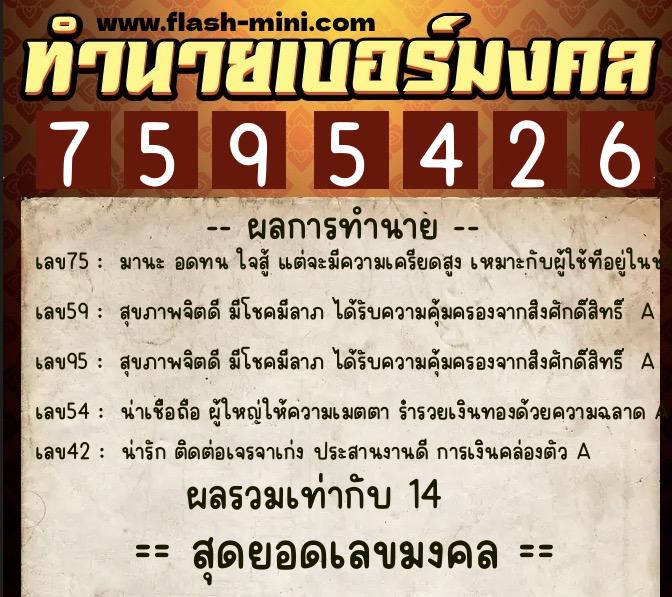 ทำนายเบอร์มงคล 0XX-7595426  ทำนายเบอร์มงคล หมายเลข 082-759542 