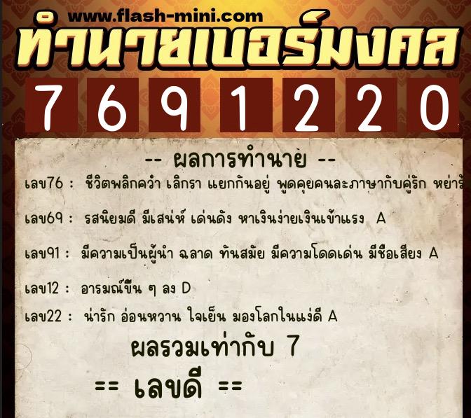 ทำนายเบอร์มงคล 0XX-7691220  ทำนายเบอร์มงคล หมายเลข 068-769122 