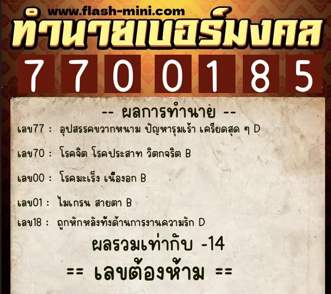 ทำนายเบอร์มงคล 0XX-7700185  ทำนายเบอร์มงคล หมายเลข 095-770018 