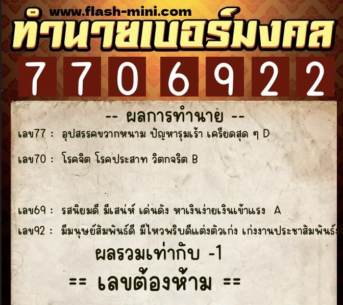 ทำนายเบอร์มงคล 0XX-7706922  ทำนายเบอร์มงคล หมายเลข 066-770692 