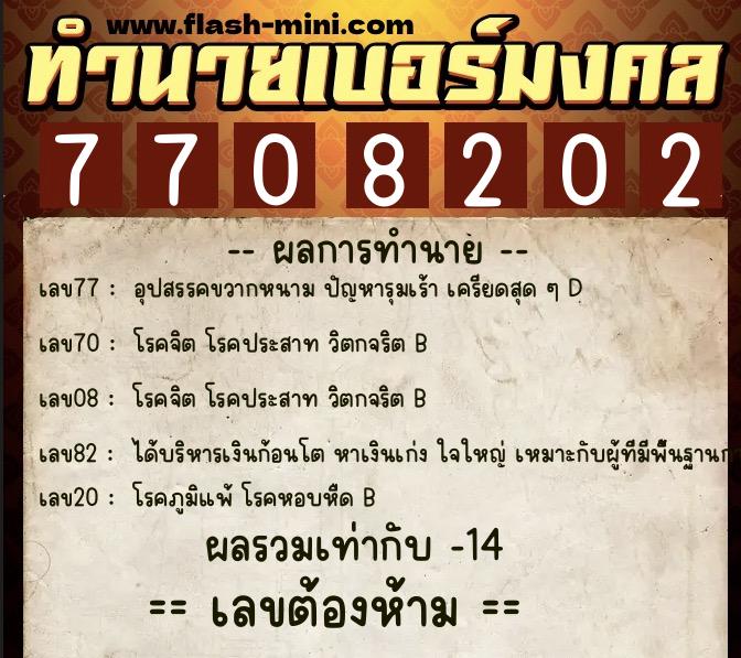 ทำนายเบอร์มงคล 0XX-7708202  ทำนายเบอร์มงคล หมายเลข 082-770820 