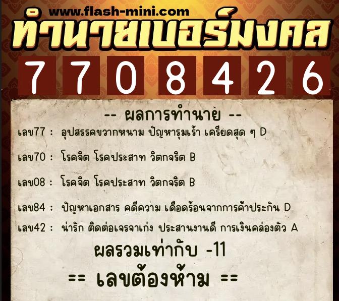 ทำนายเบอร์มงคล 0XX-7708426  ทำนายเบอร์มงคล หมายเลข 085-770842 