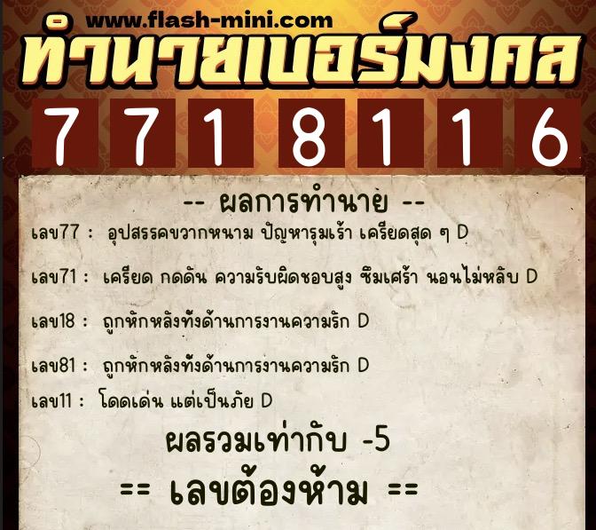 ทำนายเบอร์มงคล 0XX-7718116 ทำนายเบอร์มงคล หมายเลข 067-771811 ทำนายเบอร์มงคล 0XX-7718116 ทำนายเบอร์มงคล หมายเลข 067-771811