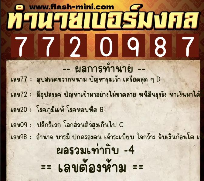 ทำนายเบอร์มงคล 0XX-7720987  ทำนายเบอร์มงคล หมายเลข 097-772098 