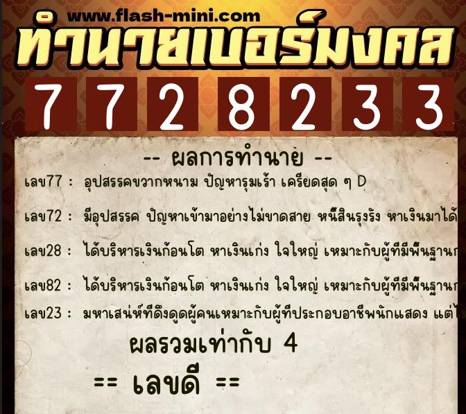 ทำนายเบอร์มงคล 0XX-7728233  ทำนายเบอร์มงคล หมายเลข 084-772823 