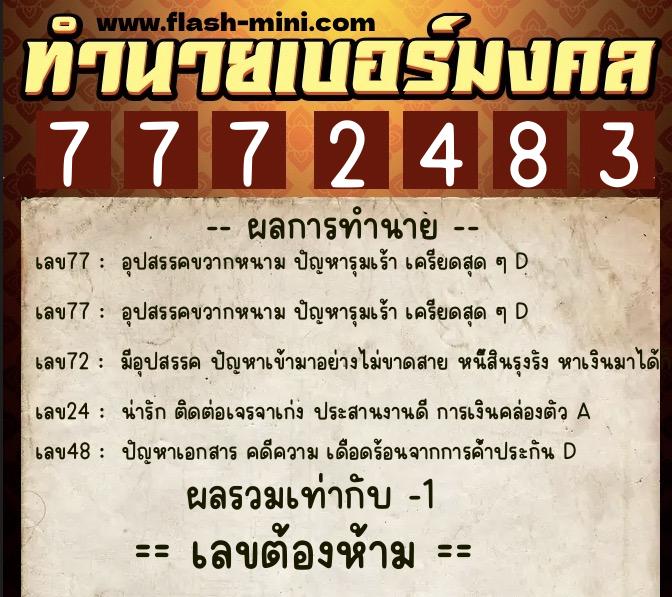 ทำนายเบอร์มงคล 0XX-7772483  ทำนายเบอร์มงคล หมายเลข 061-777248 