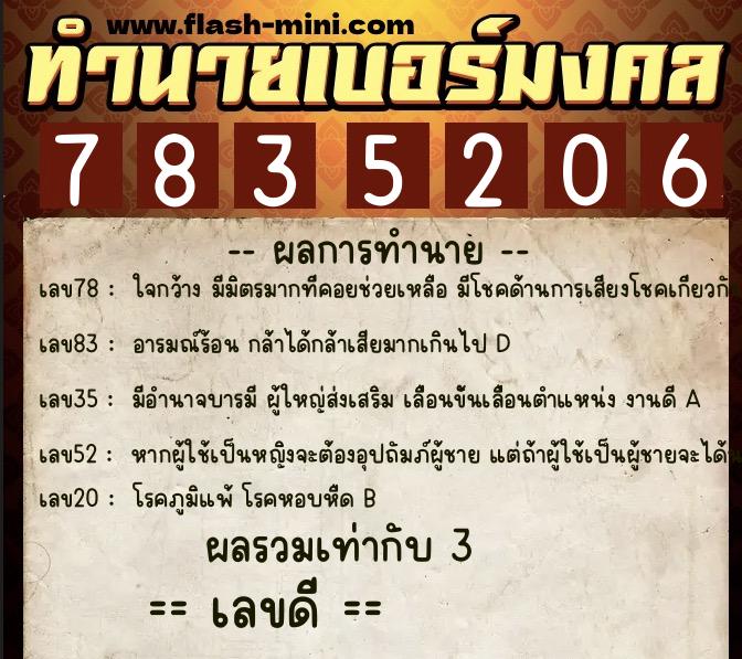 ทำนายเบอร์มงคล 0XX-7835206  ทำนายเบอร์มงคล หมายเลข 082-783520 