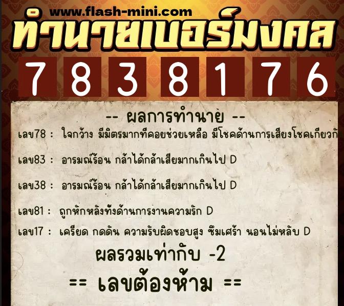 ทำนายเบอร์มงคล 0XX-7838176  ทำนายเบอร์มงคล หมายเลข 066-783817 