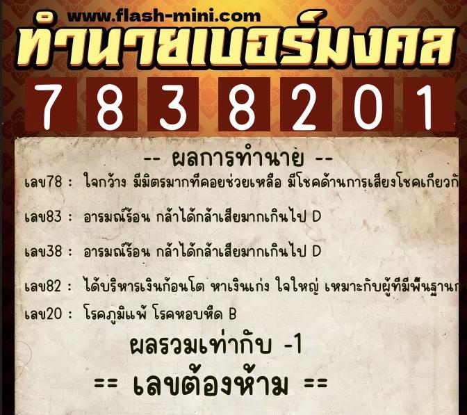 ทำนายเบอร์มงคล 0XX-7838201  ทำนายเบอร์มงคล หมายเลข 098-783820 