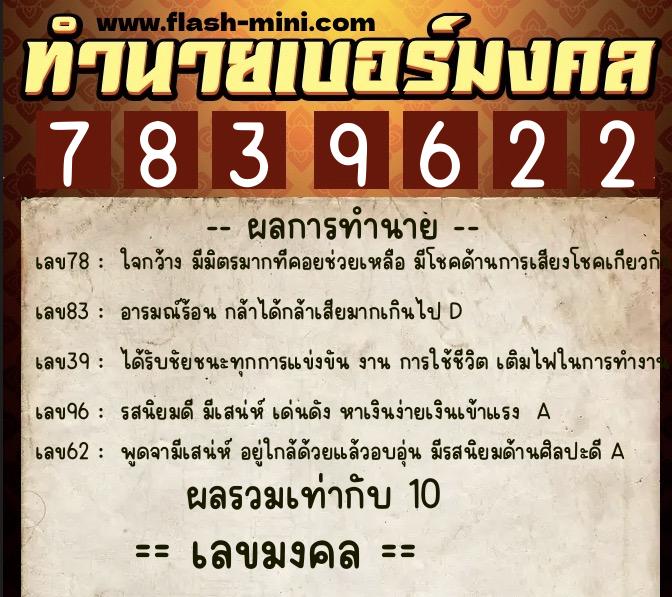 ทำนายเบอร์มงคล 0XX-7839622  ทำนายเบอร์มงคล หมายเลข 090-783962 