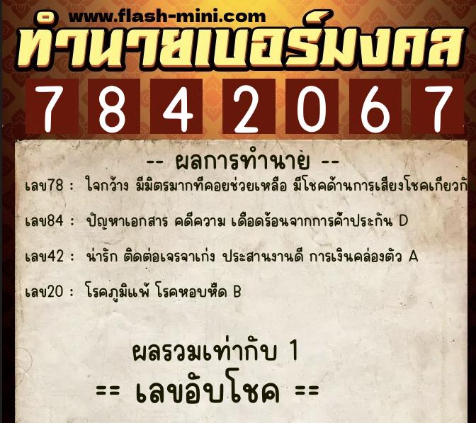 ทำนายเบอร์มงคล 0XX-7842067  ทำนายเบอร์มงคล หมายเลข 097-784206 