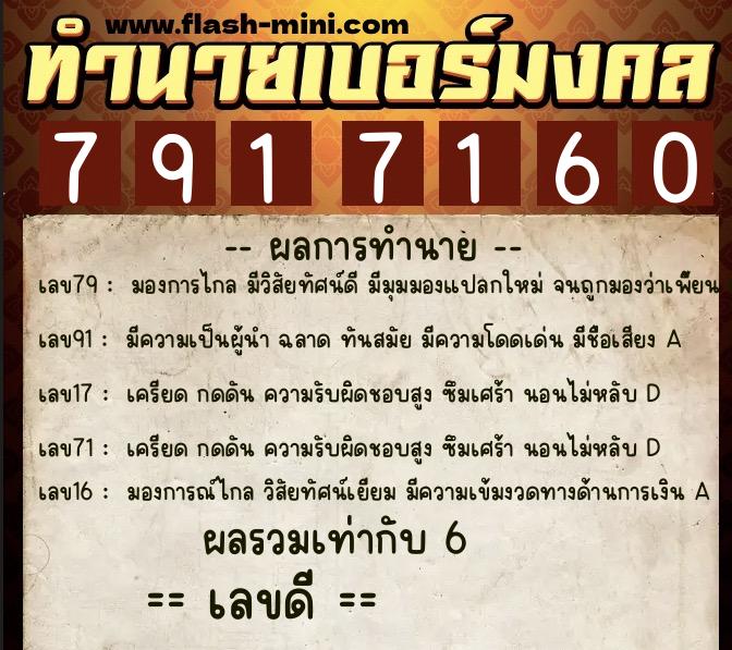 ทำนายเบอร์มงคล 0XX-7917160  ทำนายเบอร์มงคล หมายเลข 080-791716 