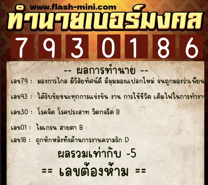 ทำนายเบอร์มงคล 0XX-7930186  ทำนายเบอร์มงคล หมายเลข 083-793018 
