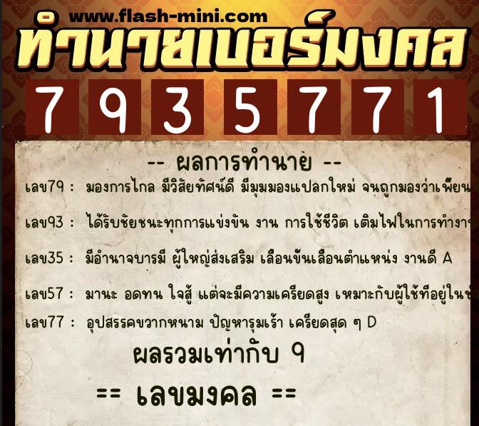ทำนายเบอร์มงคล 0XX-7935771  ทำนายเบอร์มงคล หมายเลข 088-793577 