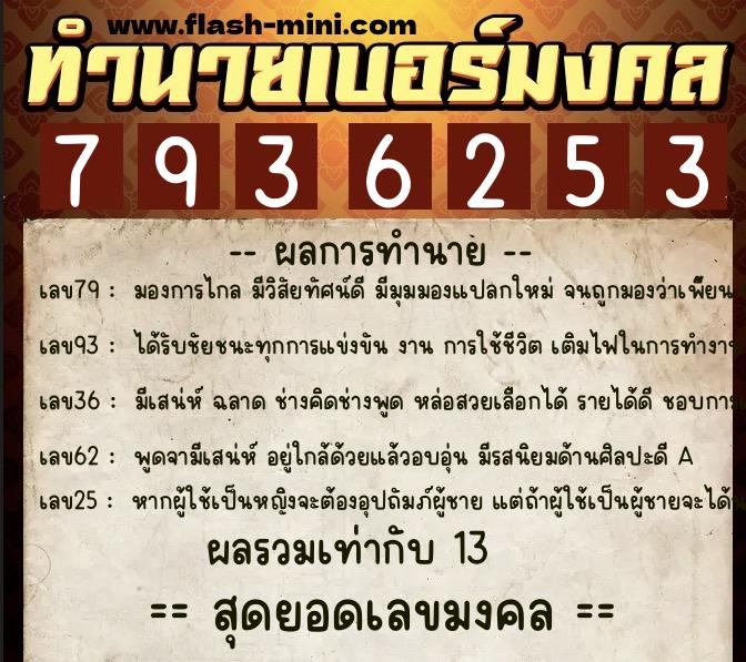 ทำนายเบอร์มงคล 0XX-7936253  ทำนายเบอร์มงคล หมายเลข 068-793625 