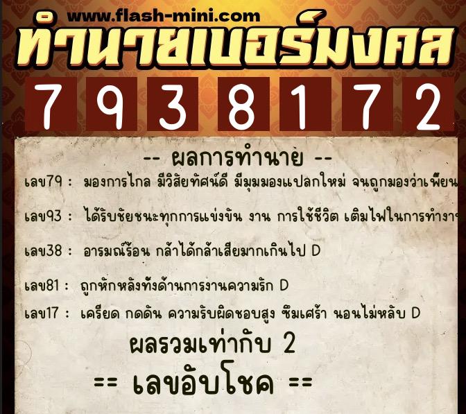 ทำนายเบอร์มงคล 0XX-7938172  ทำนายเบอร์มงคล หมายเลข 060-793817 