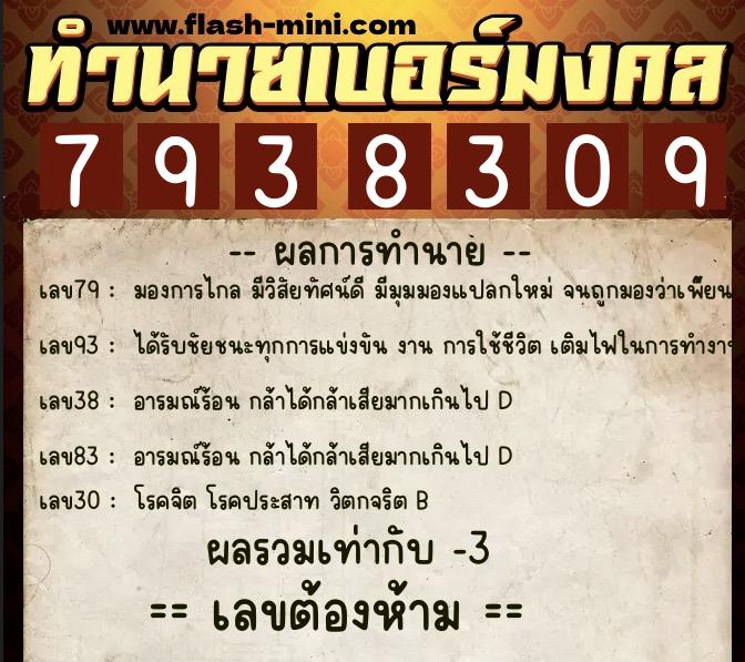 ทำนายเบอร์มงคล 0XX-7938309  ทำนายเบอร์มงคล หมายเลข 093-793830 