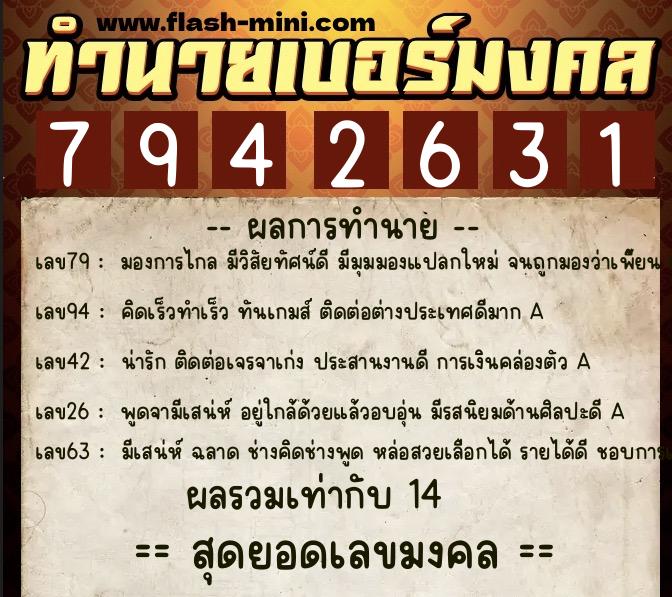 ทำนายเบอร์มงคล 0XX-7942631  ทำนายเบอร์มงคล หมายเลข 067-794263 