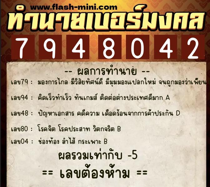 ทำนายเบอร์มงคล 0XX-7948042  ทำนายเบอร์มงคล หมายเลข 094-794804 