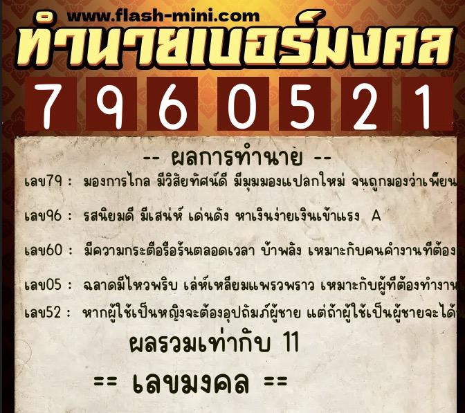 ทำนายเบอร์มงคล 0XX-7960521  ทำนายเบอร์มงคล หมายเลข 091-796052 