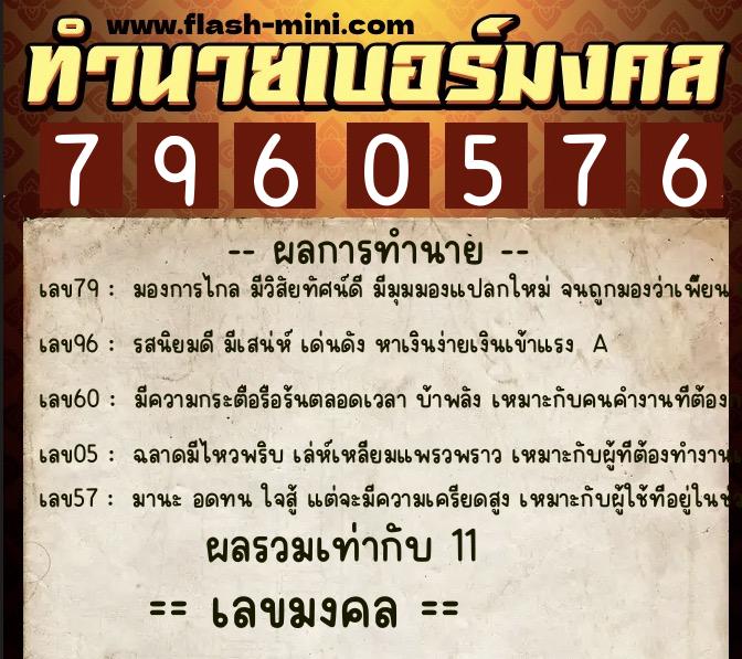 ทำนายเบอร์มงคล 0XX-7960576  ทำนายเบอร์มงคล หมายเลข 064-796057 