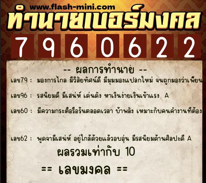 ทำนายเบอร์มงคล 0XX-7960622  ทำนายเบอร์มงคล หมายเลข 097-796062 