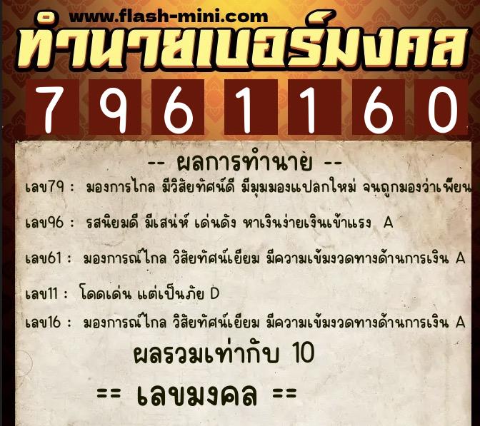ทำนายเบอร์มงคล 0XX-7961160  ทำนายเบอร์มงคล หมายเลข 066-796116 