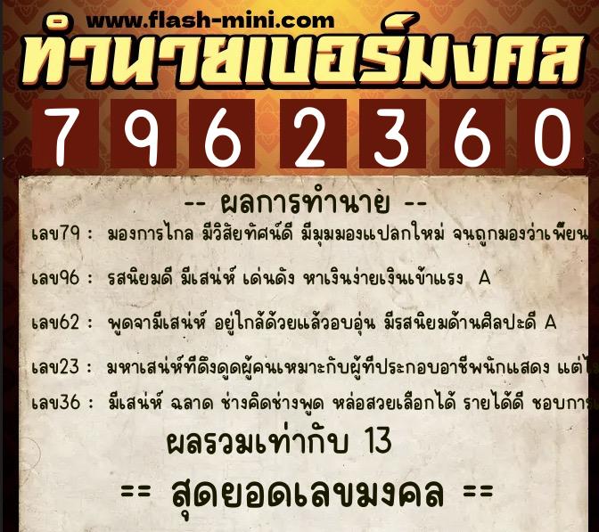 ทำนายเบอร์มงคล 0XX-7962360  ทำนายเบอร์มงคล หมายเลข 097-796236 