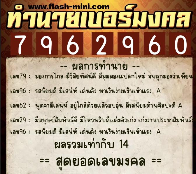 ทำนายเบอร์มงคล 0XX-7962960  ทำนายเบอร์มงคล หมายเลข 060-796296 