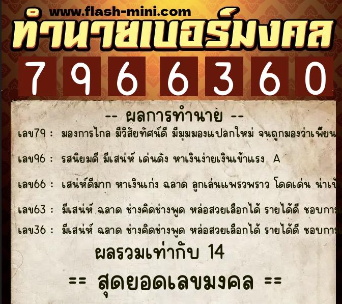 ทำนายเบอร์มงคล 0XX-7966360  ทำนายเบอร์มงคล หมายเลข 099-796636 