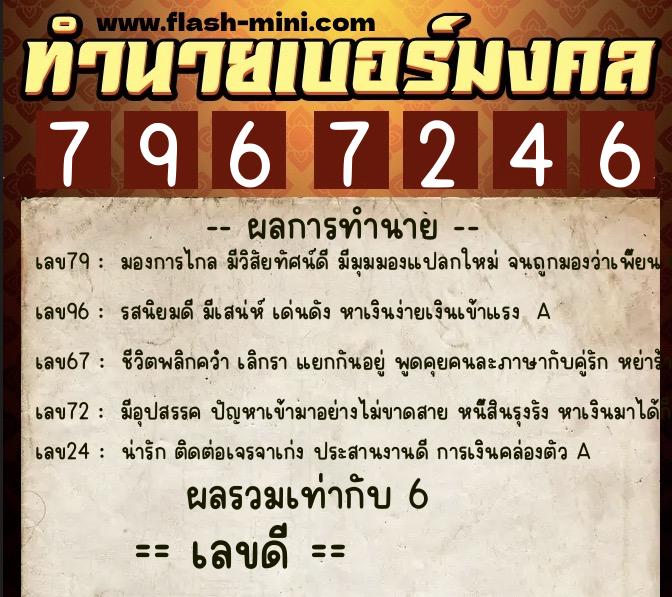 ทำนายเบอร์มงคล 0XX-7967246  ทำนายเบอร์มงคล หมายเลข 081-796724 