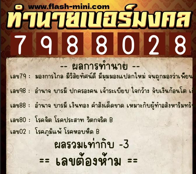 ทำนายเบอร์มงคล 0XX-7988028  ทำนายเบอร์มงคล หมายเลข 061-798802 