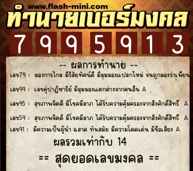 ทำนายเบอร์มงคล 0XX-7995913  ทำนายเบอร์มงคล หมายเลข 091-799591 