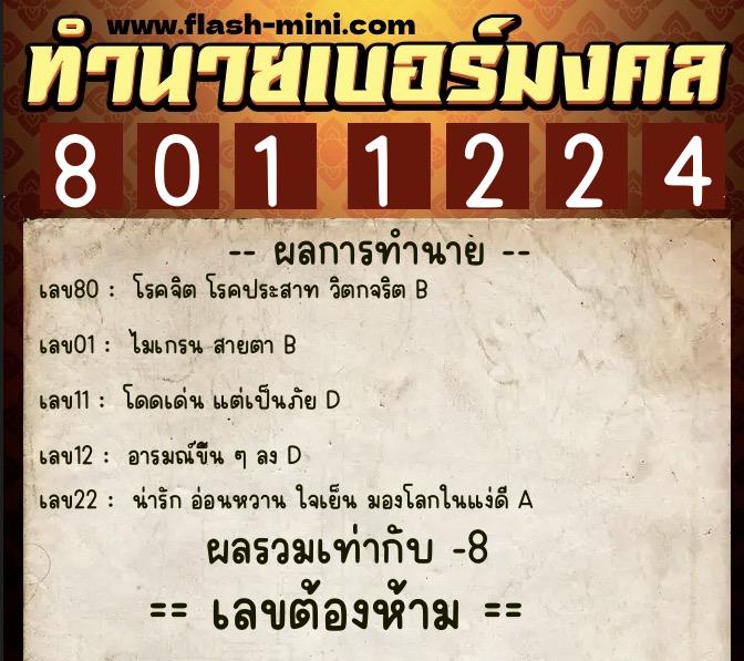 ทำนายเบอร์มงคล 0XX-8011224  ทำนายเบอร์มงคล หมายเลข 099-801122 