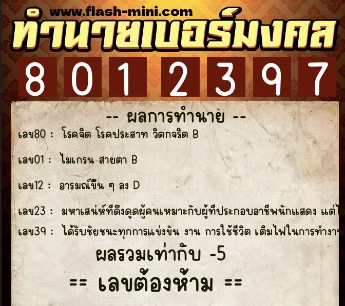 ทำนายเบอร์มงคล 0XX-8012397  ทำนายเบอร์มงคล หมายเลข 097-801239 