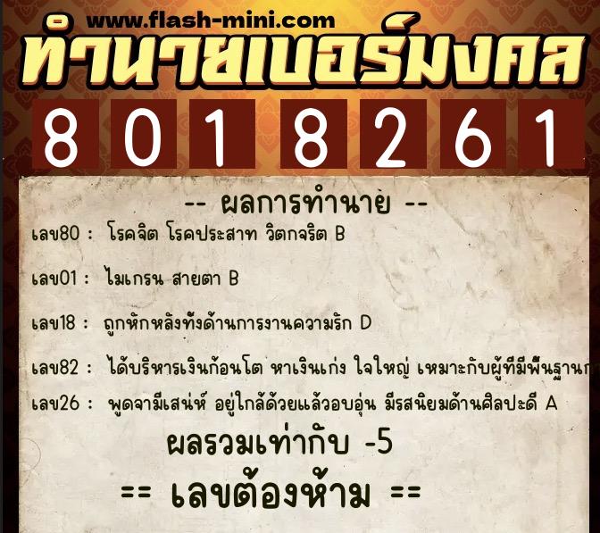 ทำนายเบอร์มงคล 0XX-8018261  ทำนายเบอร์มงคล หมายเลข 098-801826 